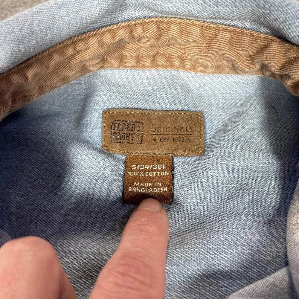 Vintage Faded Glory Shirt Mens S Light Blue Denim Long Sleeve Button Up Work Y2K
